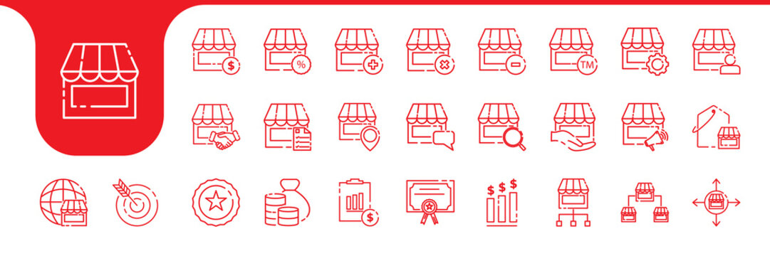 franchising store market line icon set collection vector design