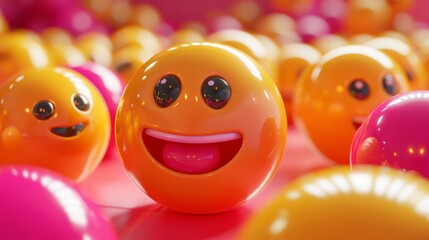 Bright and happy emoji spheres gathered in a close-up view