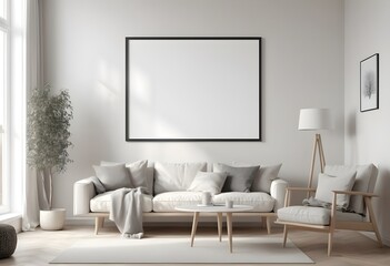 Photorealistic Frame Mockup ISO A paper size frame with a living room wall poster in a modern, white-walled interior design. 3D rendering