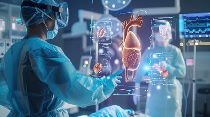Surgeons examine patient organ using augmented reality holographic headsets. Doctor analysis health status interacting with virtual interface. Animation of digital liver appearance. Future medicine