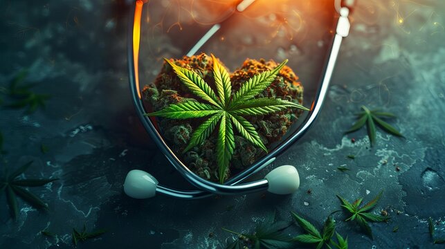 4 Stethoscope forming a heart shape with a cannabis leaf inside