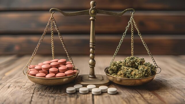 Balancing scales with pills on one side and cannabis buds on the other