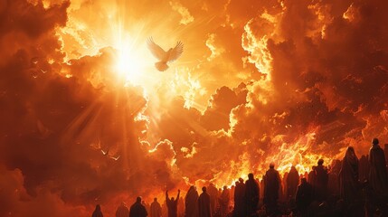 Obraz premium Pentecost - Digital Artwork Depicting the Descent of the Holy Spirit, with Believers Gathered Around a Bright Flame as Doves Soar in the Sky, Created with Generative AI Technology