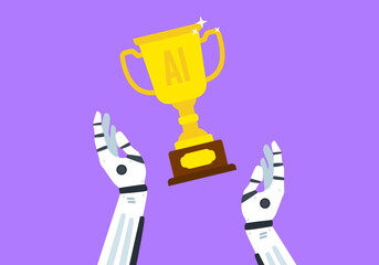 robotic hands with trophy cup artificial intelligence vector illustration