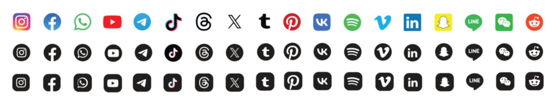 Popular social media logo icon . Instagram, facebook, youtube, twitter, telegram, whatsapp, pinterest, tiktok,linkedin. Realistic editorial social media.