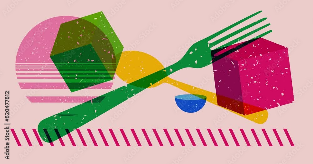 Poster risograph spoon and fork with geometric shapes animation. moving object in trendy riso graph design 