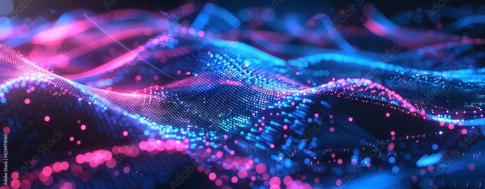 Poster abstract futuristic background with dots wave and glowing light effect on black