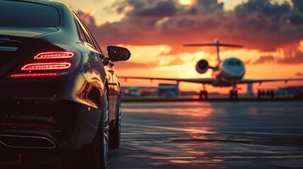 A super car and a private jet on a landing strip representing business class service at the airportand business class transfer.