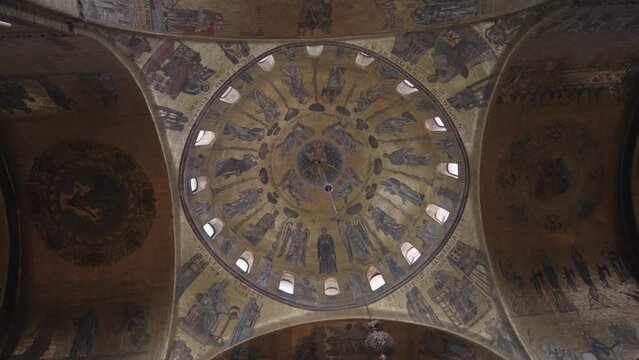 Venice, Italy - The interior details, dome and mosaic art paintings inside The Patriarchal Cathedral Basilica of Saint Mark, commonly known as St Mark's Basilica, Venice.