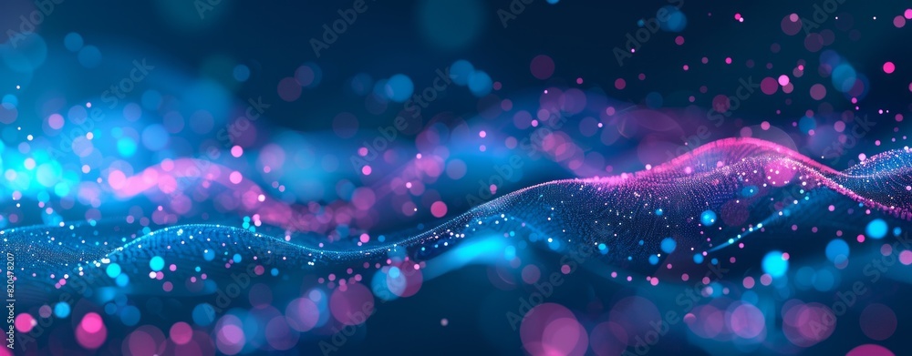 Poster abstract futuristic background with dots wave and glowing light effect on black