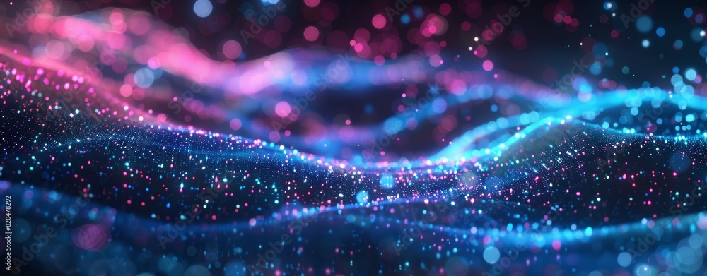 Poster abstract futuristic background with dots wave and glowing light effect on black