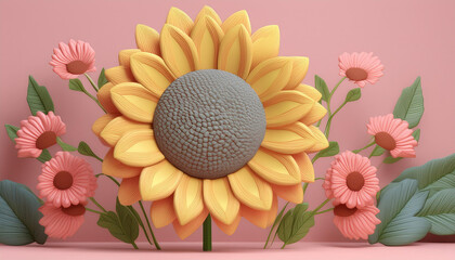 3d rendering of a sunflower on a pink background