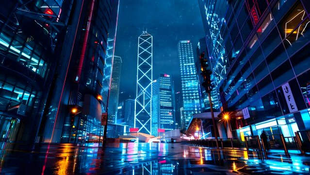 Panorama of illuminated buildings at night in an advanced city, with time-lapse cloud movement. Looping video.