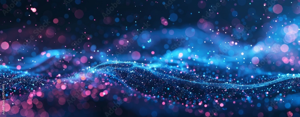 Poster abstract futuristic background with dots wave and glowing light effect on black