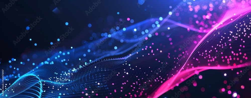 Poster abstract futuristic background with dots wave and glowing light effect on black