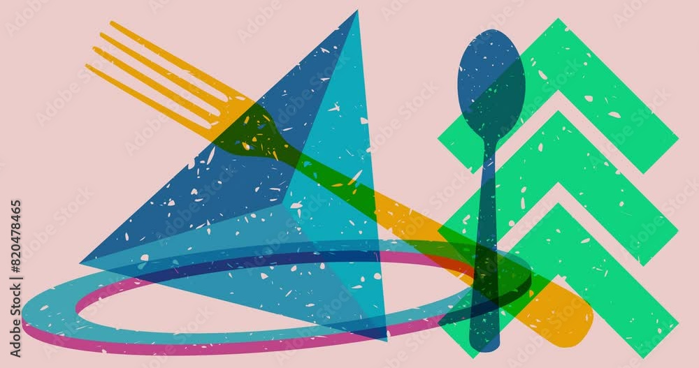 Poster risograph spoon and fork with geometric shapes animation. moving object in trendy riso graph design 
