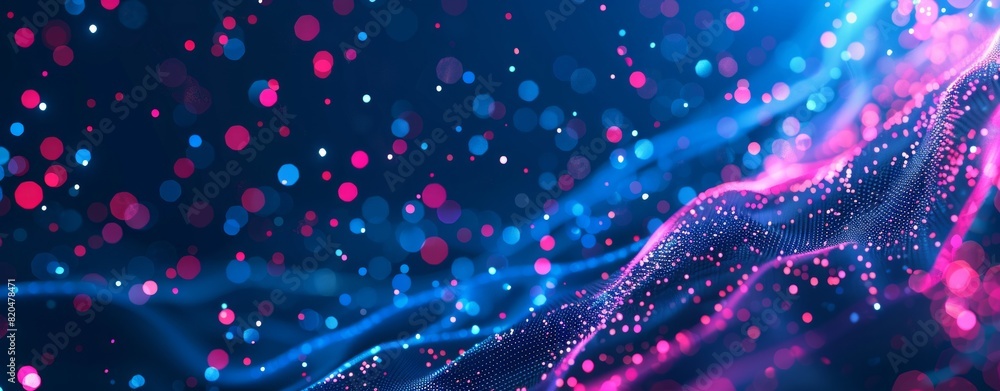 Poster abstract futuristic background with dots wave and glowing light effect on black