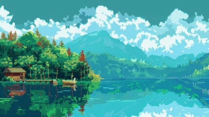 beautiful lake and mountain scenery background with 1-bit pixel style, Ai Generated Images.