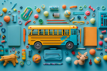 School bus arriving with school accessories and books on blue background. Back to School Concept