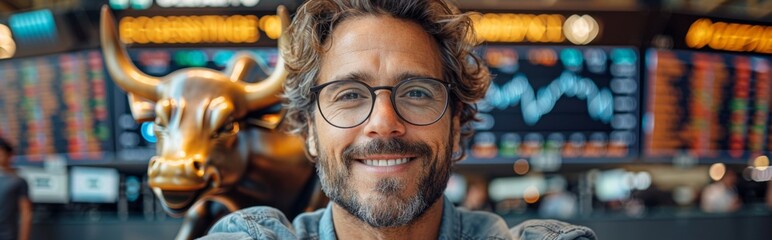 Obraz premium Joyful Businessman Taking Selfie with Bronze Charging Bull Statue at Stock Exchange, Digital Illustration Created with Generative AI Technology