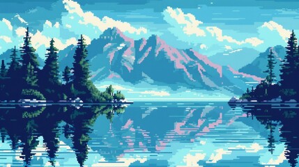 beautiful lake and mountain scenery background with 1-bit pixel style, Ai Generated Images.