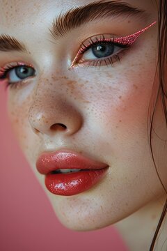 Close up de una mujer joven con piel perfecta, labios carnosos y maquillaje brillante en los ojos.  Cuidado de la piel 