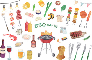 手描き水彩　BBQイラストセット

