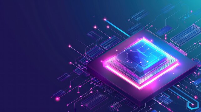 futuristic microchip, with blue lights and effects. Database, future technology concept