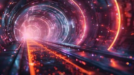 Fototapeta premium Digital tunnel of data and binary code, optical vision background, vortex illuminated by holographic energy stream, time travel and cyberspace, abstract technology innovation, modern 3d digital art.
