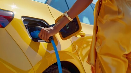 Woman plugging in the cable while charging the electric car at recharging service station