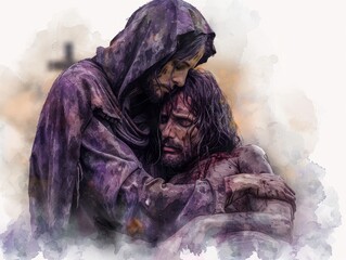  Sorrowful Mother Mary Holding the Lifeless Body of Christ, Digital Illustration with Watercolor Cross in Background, Created with Generative AI Technology

