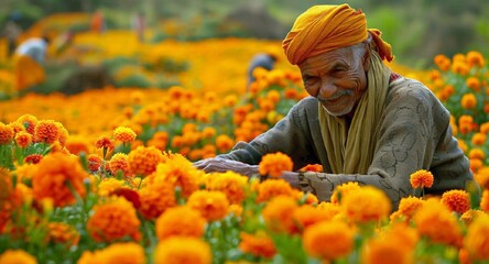 An indian senior male farmer working in a field of orange marigold flowers. Old man marigold flower farmer at her flower field collecting flower.