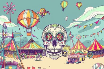 Cartoon cute doodles of a carnival skull with carnival rides and circus tents in the background, Generative AI