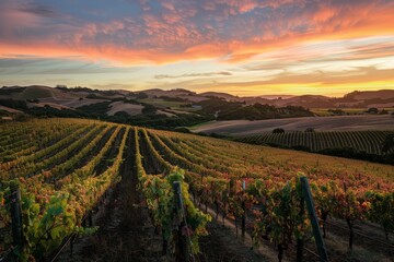 Naklejka premium Vineyard Landscape at Sunset, With The Sky Painted in Hues of Orange And Pink, Casting a Warm Glow Over The Rolling Hills And Rows of Grapevines, Generative AI