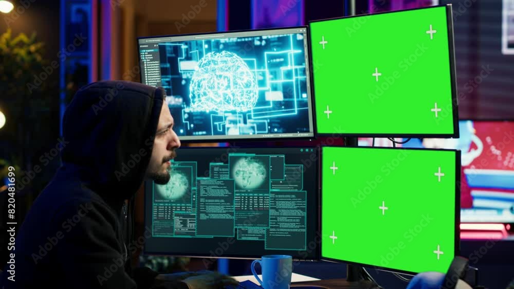 Poster hacker using ai and green screen computer monitors to produce malicious malware corrupt company data
