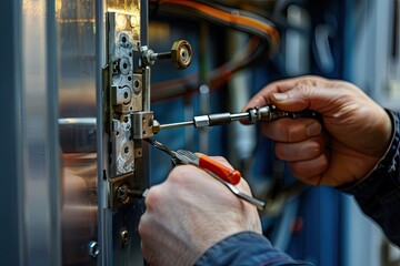 The locksmith dismantles the door lock mechanism to fix it.