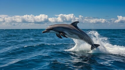 A bottlenose dolphin leaps out of the water against a backdrop of blue ocean and sky.