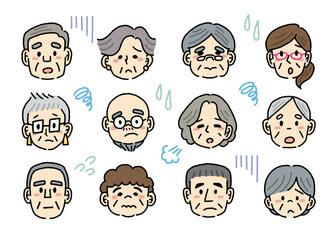 落ち込むシニアの顔の手書き風イラストセット