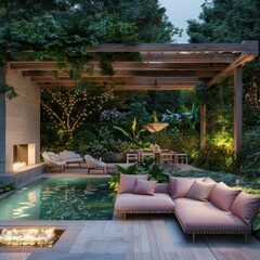 Obraz premium A modern outdoor living area with an unlit pool and purple and yellow couches under the shade of a wooden arbor in front of a dining table surrounded by chairs.