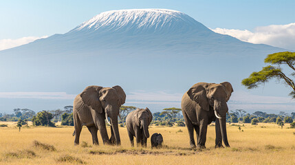 Naklejka premium Elephant Herd Grazing Before Mount Kilimanjaro