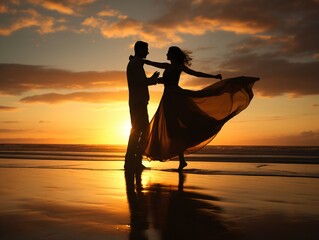 silhouette of a couple on the beach at sunset created with generative ai