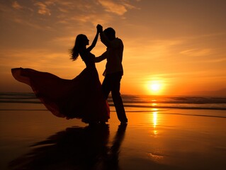 Silhouette of a couple on the beach created with generative ai