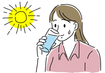 熱中症対策で水を飲む女性シンプル線画