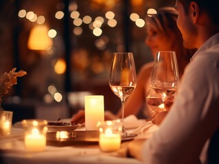 ROmantiv dinner with two glasses of champagne and candles created with generative ai