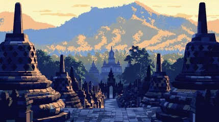 background view of Borobudur temple with 1-bit pixel style, Ai Generated Images.
