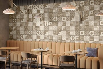 Coffee shop front of classical style commercial. Interior of cafe with pastel grey colored tile. The shop has blank sign, table and chairs, coffee street cart. 3D render for creative social media. 3D