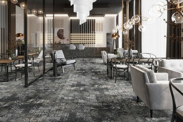 Luxury dinning area interior with glossy grey marble flooring, white walls, grey ceramic tabletop and sofa chairs, chandelier hanging above, green plant besides window. 3D Illustrations. 3d Rendering