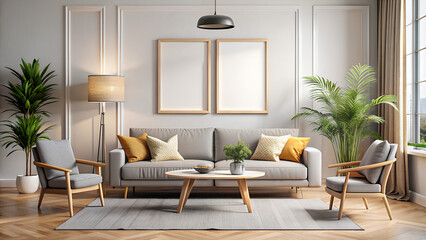 Fototapeta premium Living room wall poster mockup. Interior mockup with Modern house background
