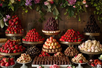 Gourmet dessert table chocolate, fruit, ice cream, candy, celebration