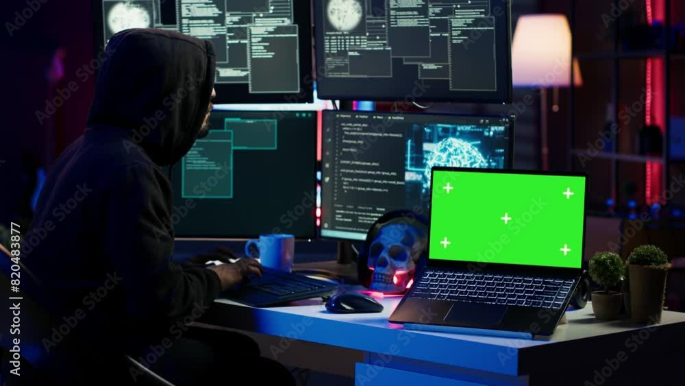 Poster green screen laptop used by hacker in underground hideout to write lines of code, developing virus t